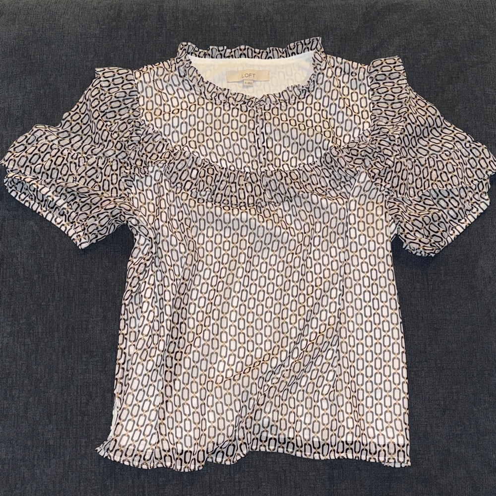 LOFT Geometric Print Ruffle Sleeve Blouse
